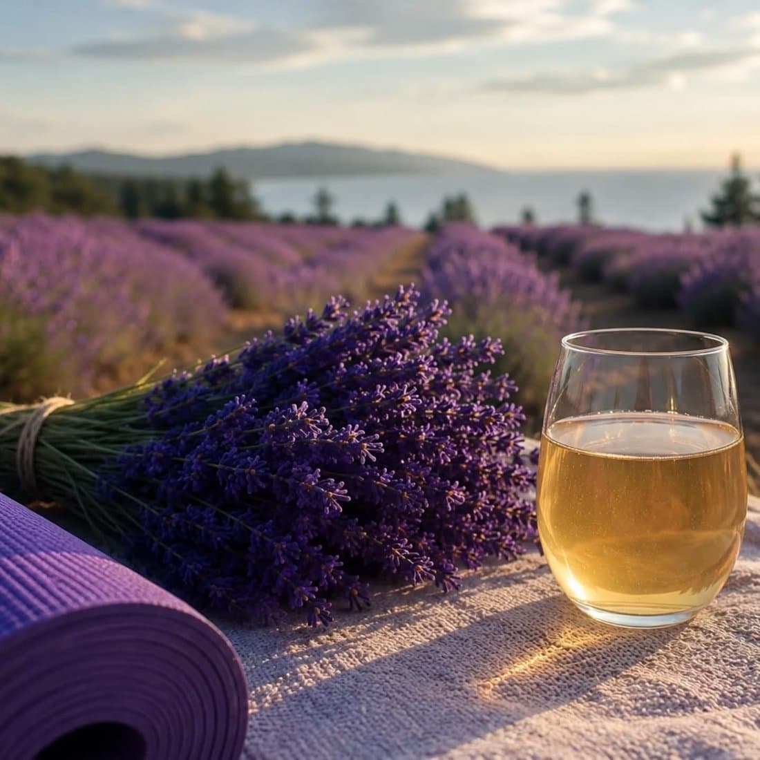 A yoga mat, a bundle of lavender and a glass of cider beside the lavender fields